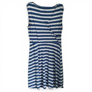 Talbots Blue & Cream Striped Faux Wrap Dress Size L Sleeveless Stretch Midi